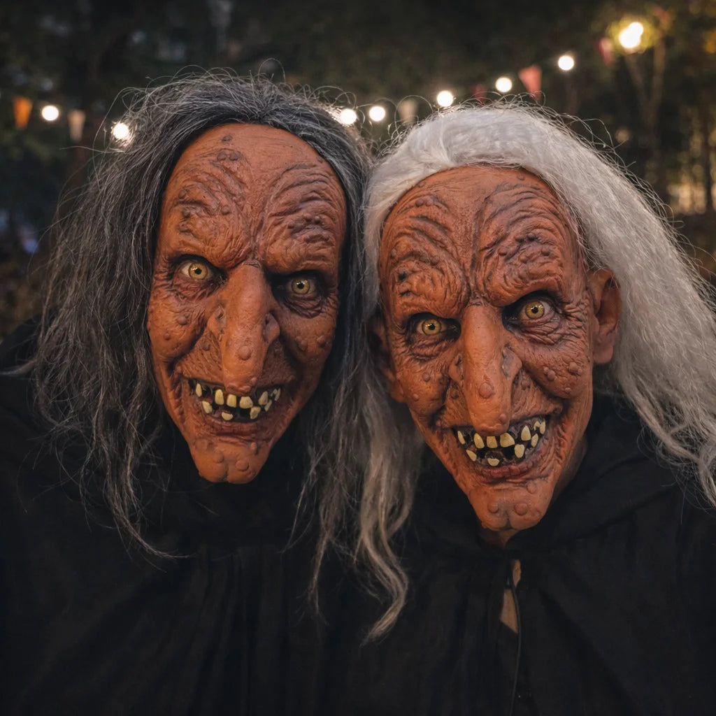 Creepy Witch Mask with Lifelike Wrinkles & Gray Hair - Halloween Scary Costume Accessory - White-Haired Witch