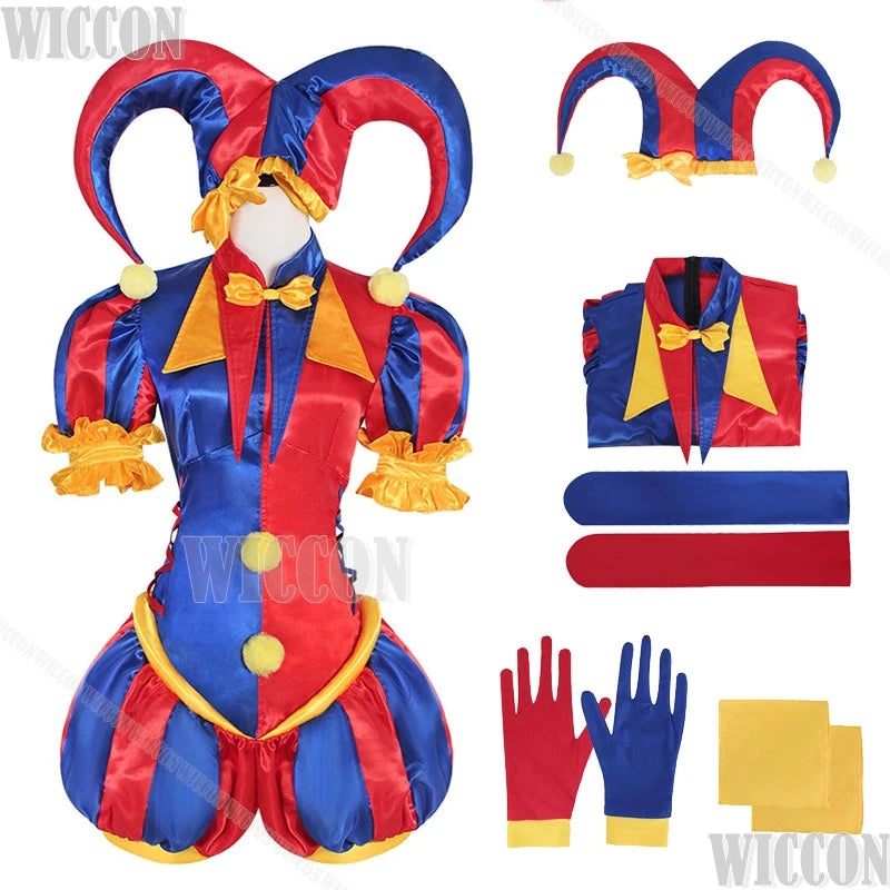 Circus Clown Costume Wig Halloween Scary Pommni Hat Cartoon Complete Unisex Outfit Wig - Suit / L