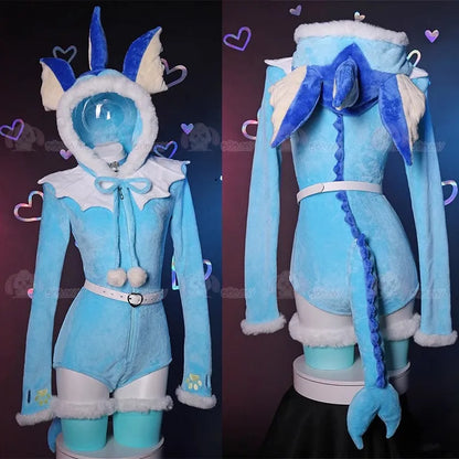 Anime Eevee Cosplay Costume Women Sexy Flannel Hooded Bodysuit Socks Suit Bunny Girl Cute Cartoon Plush Pajamas Jumpsuit Uniform