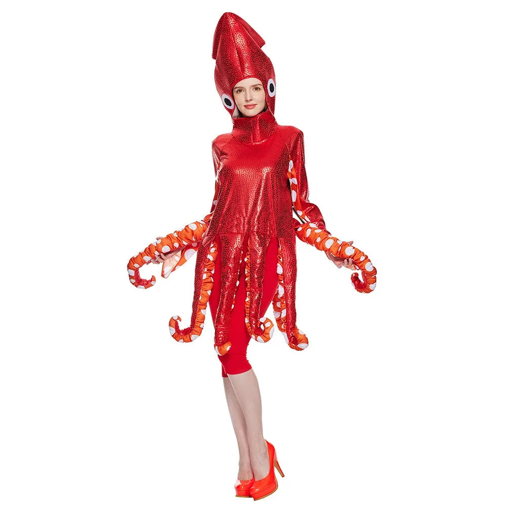 Halloween adult squid costume, ocean creature party jumpsuit, funny cosplay clothes