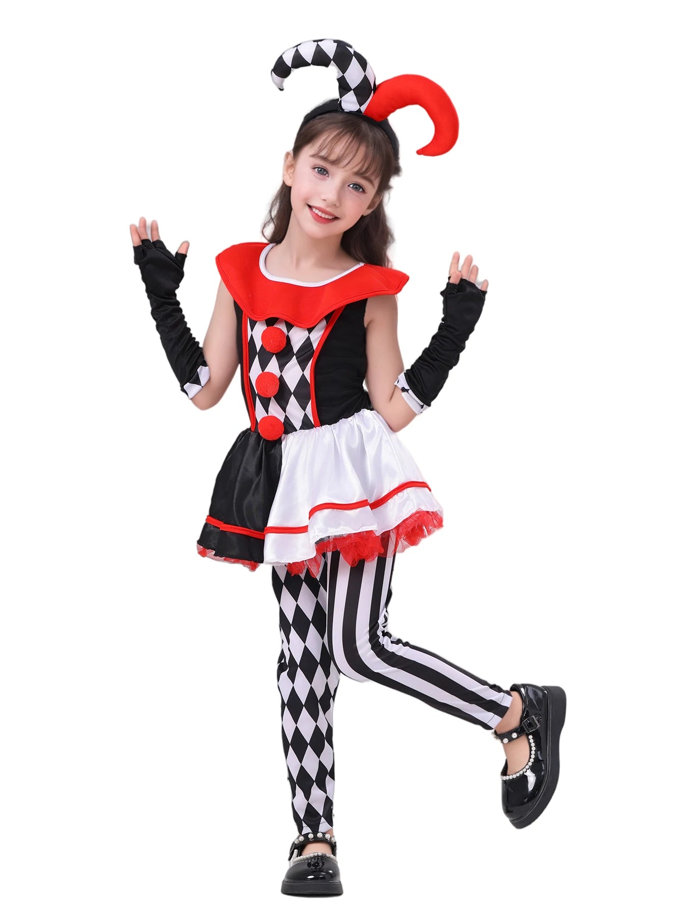 Girls Poker Pattern Jester Clown Costume Dress Outfit Kids Halloween Costume - Beige / 110