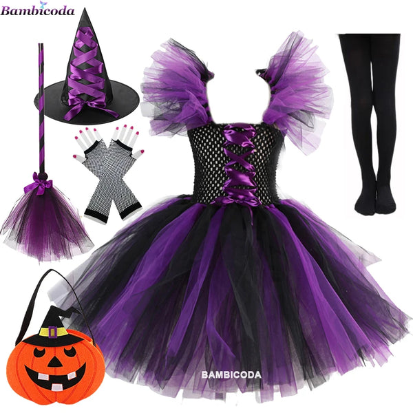 Disguise Witch Costume for Girls Halloween Tutu Knee Dress Hat Broom Pantyhose Carnival Cosplay Party Outfit - product image 1