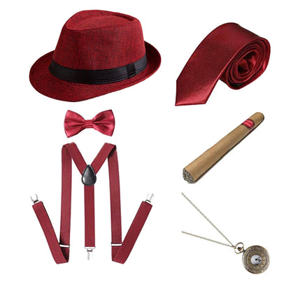 Halloween 1Set 1920's Costume Hat Pocket Watch Neck Tie Moustache Bowtie Gatsby - F