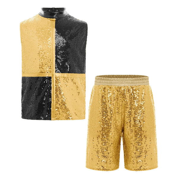 Kids Boys Hip Hop Dance Outfit Sequins Dance Top and Shorts Set Halloween Clown Costume - Red / 12