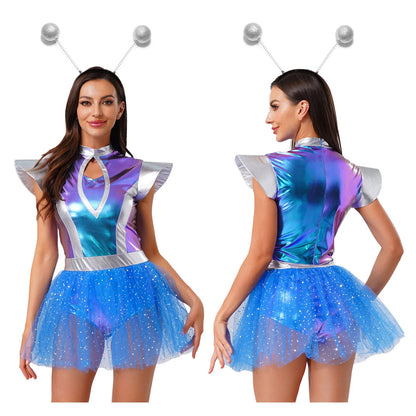 Woman's Outerspace Astronaut Alien Robot Halloween Cosplay Costume Metallic Cap Sleeve Leotard Tutu Skirts for Rave Party