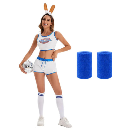 Cute Bunny Squad Cheerleading Costume Set Print Trim Edge Crop Tank Top & Elastic Waist Shorts for Halloween Club Party Cosplay