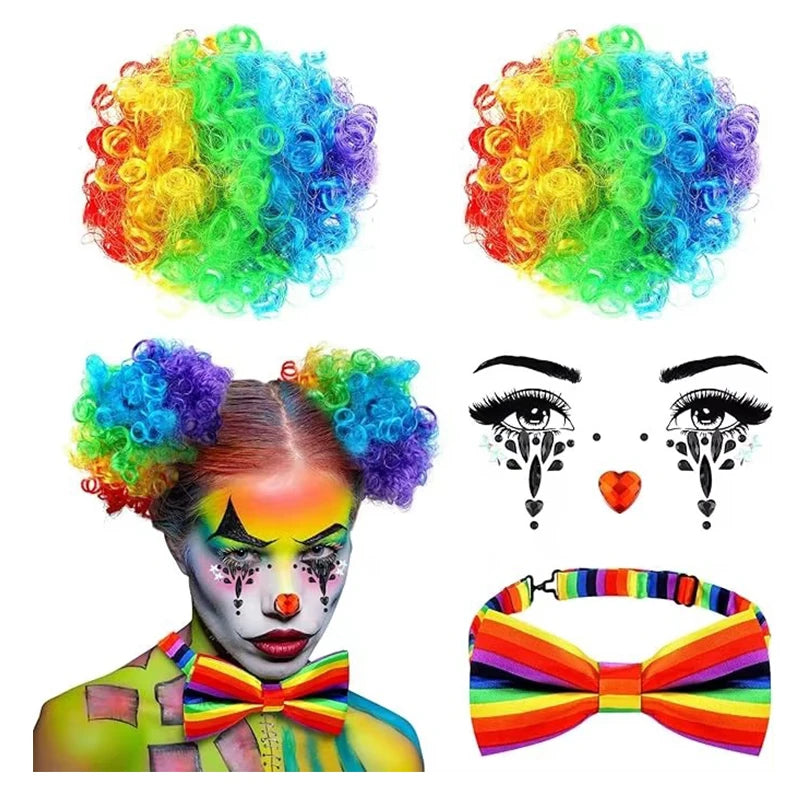 Women Halloween Clown Accessories Rainbow Wig Hair Clip on Puff Buns Clown Bowtie - MULTI