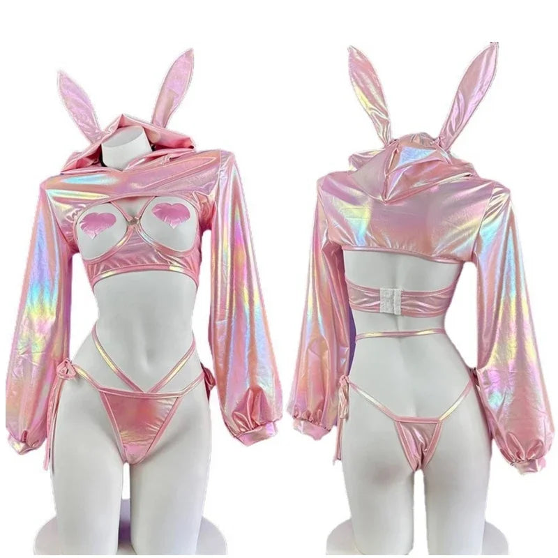 Sexy Lingerie Anime Bunny Girl Cosplay Pink Laser Patent Leather Top Bikini Rabbit Girl Shiny Halloween Underwear