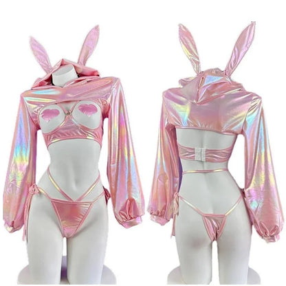 Sexy Lingerie Anime Bunny Girl Cosplay Pink Laser Patent Leather Top Bikini Rabbit Girl Shiny Halloween Underwear