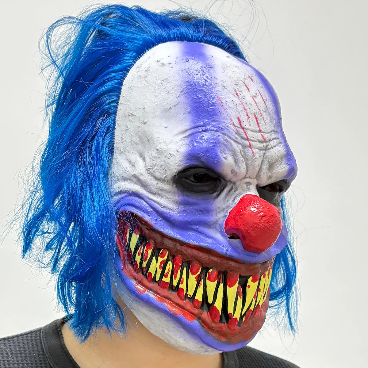 Scary Evil Clown Latex Mask With Blue Wig, Sharp Fangs Horror Mask, - view 5