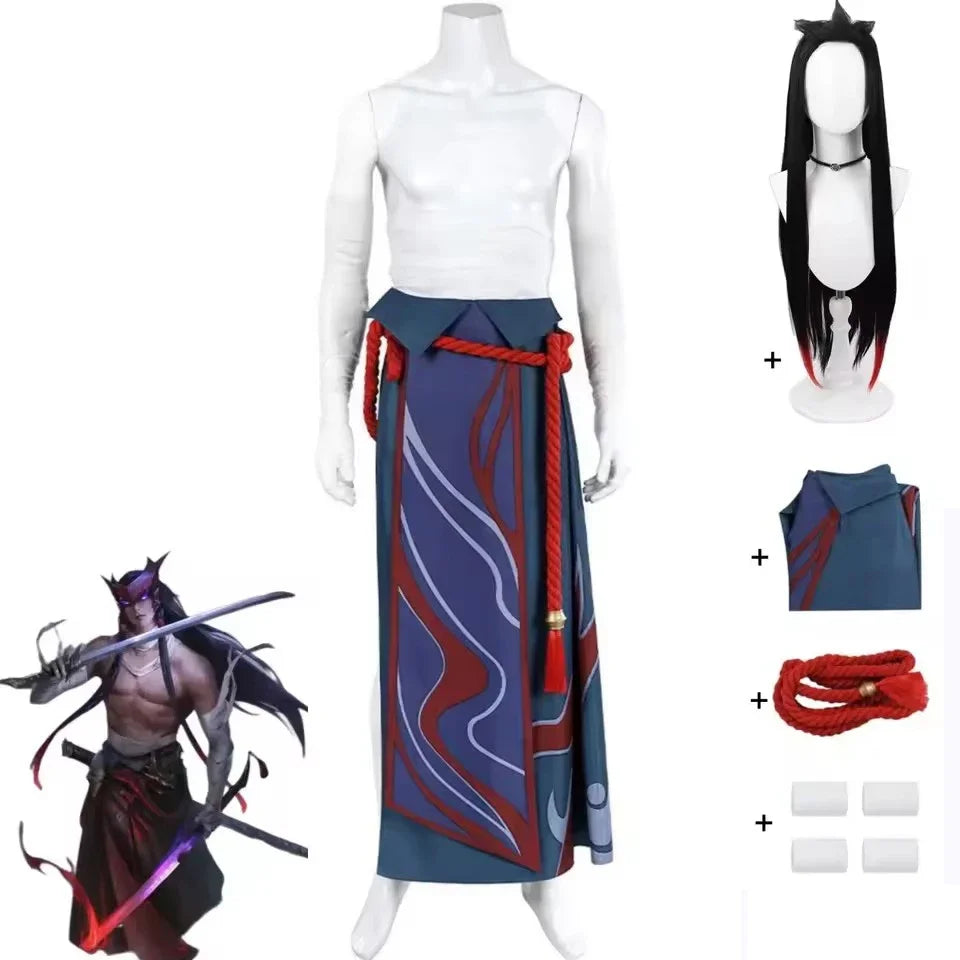 Game LOL Unforgotten Yone Costume Wig Skirt Strap Straps Uniform Full Set Adult Man - Only Mask / XL