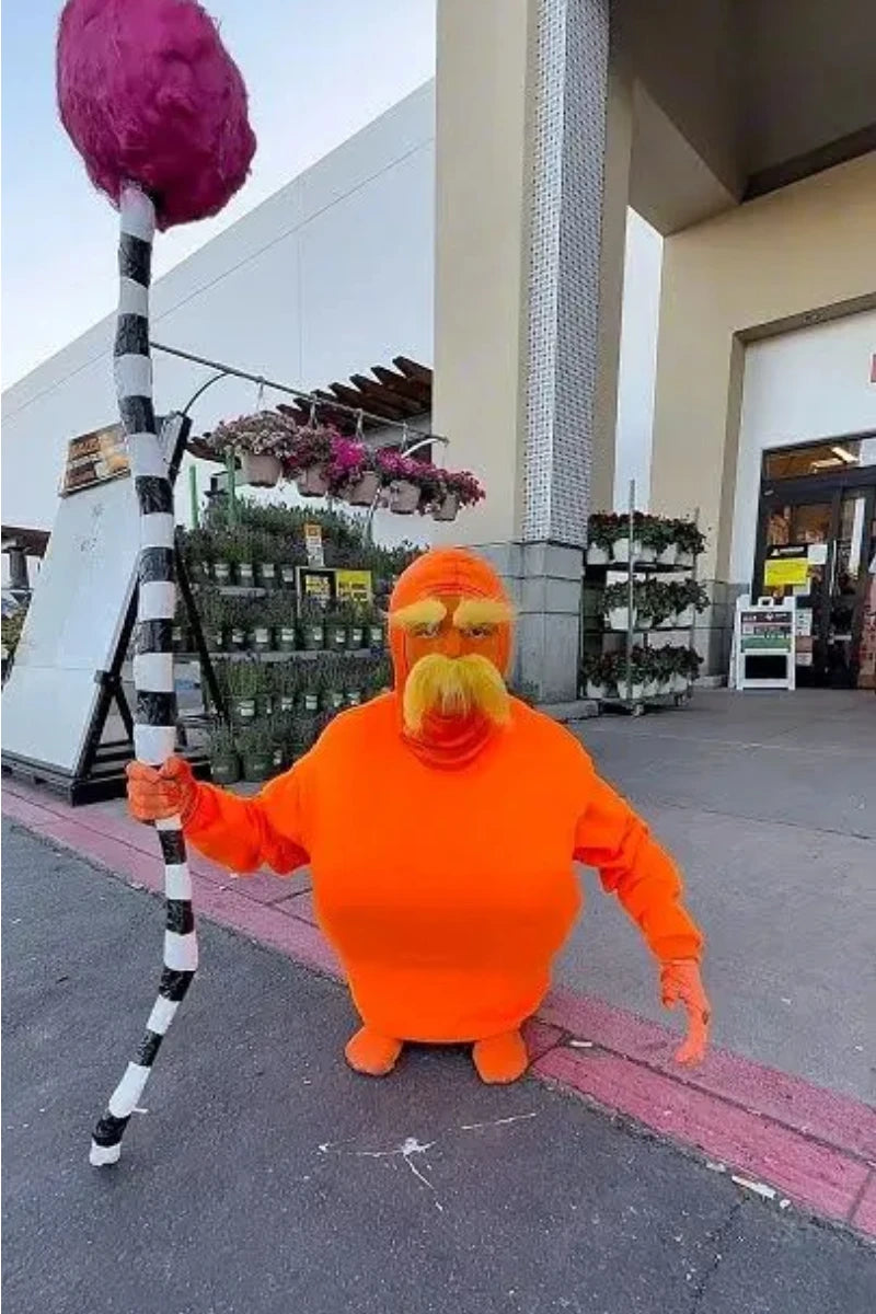 Halloween Jumpsuit Orange Costume Yellow Moustache and Eyebrow Baring Orange Bodysuit - Orange / adults 66.9 in (170 cm)