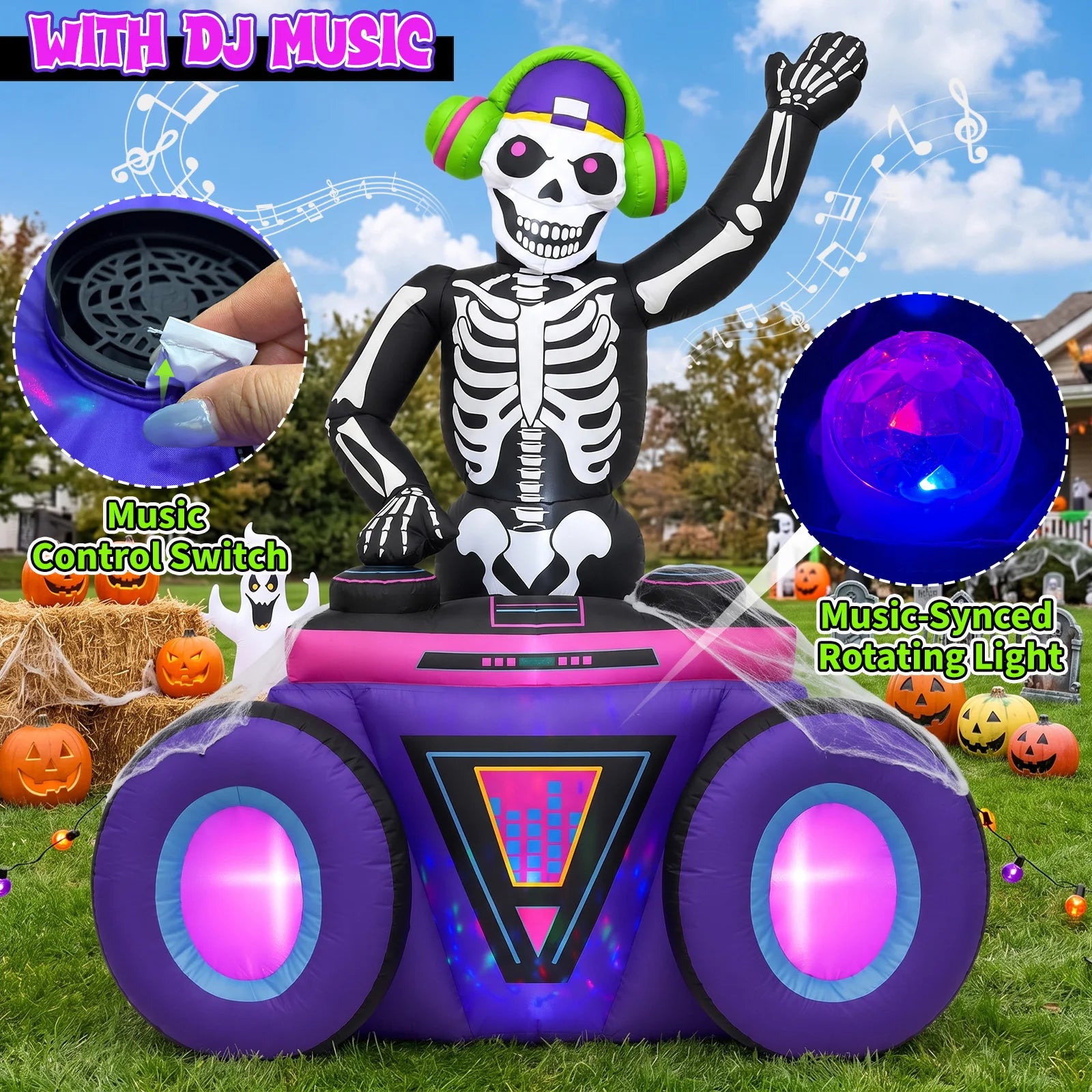 6FT Skeleton DJ Inflatable - Halloween Music & Glow Lights,210T Fabric, 3Min Quick Inflate, Indoor/Outdoor - product image 2