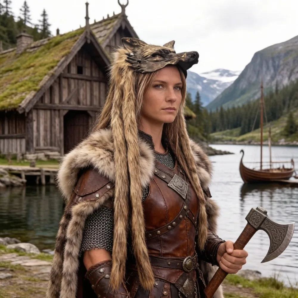 Viking Wolf Mask with Fur Barbarian Headdress Werewolf Headpiece for