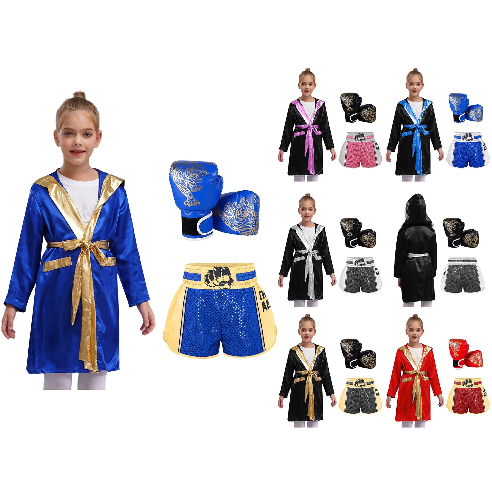 Boxing Long Sleeve Metallic Trim Satin Hooded Robe Belt Sequins Shorts Gloves - alternate view 3
