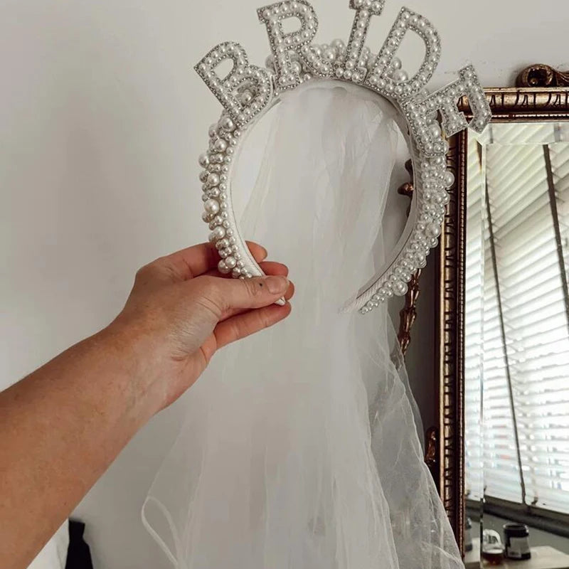 White Bride Headband Pearl Crown with Veil Bride To Be Wedding Decoration - product image 2