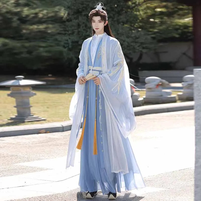 Chinese Hanfu Men Halloween Costume Outfit Ancient Embroidered Black&Blue Hanfu Suits Plus - Blue set / L