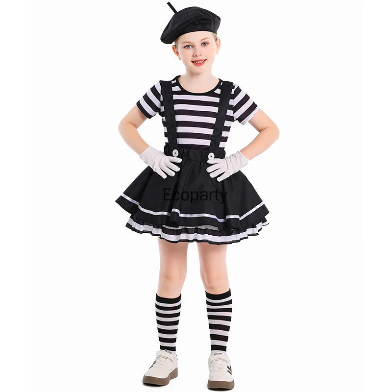 Girls Silent Actor Mime Artist Costume Black White Clown Costume Dress for Kids Kids - Black / L