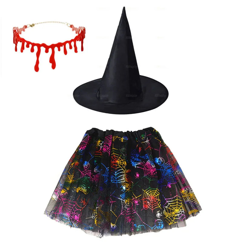Scary Children Girl Vampire Witch Costume Spider Web Tutu Skirt Hat Crown Arm Sleeves Halloween Cosplay - product image 8