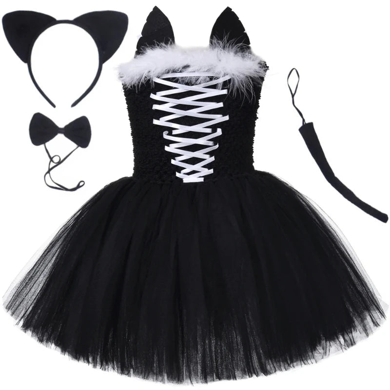 Girls Black Cat Halloween Dress Costume