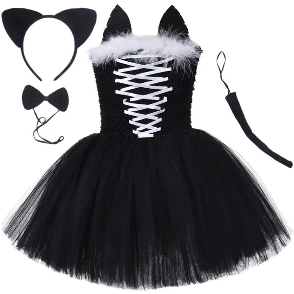 Girls Black Cat Halloween Dress Costume