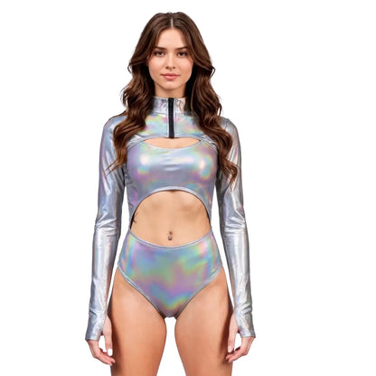 Women Halloween Alien Astronaut Cosplay Costume Space Shiny Metallic Cutout Leotard Bodysuit with/no Crop Tops Dance Swimwear