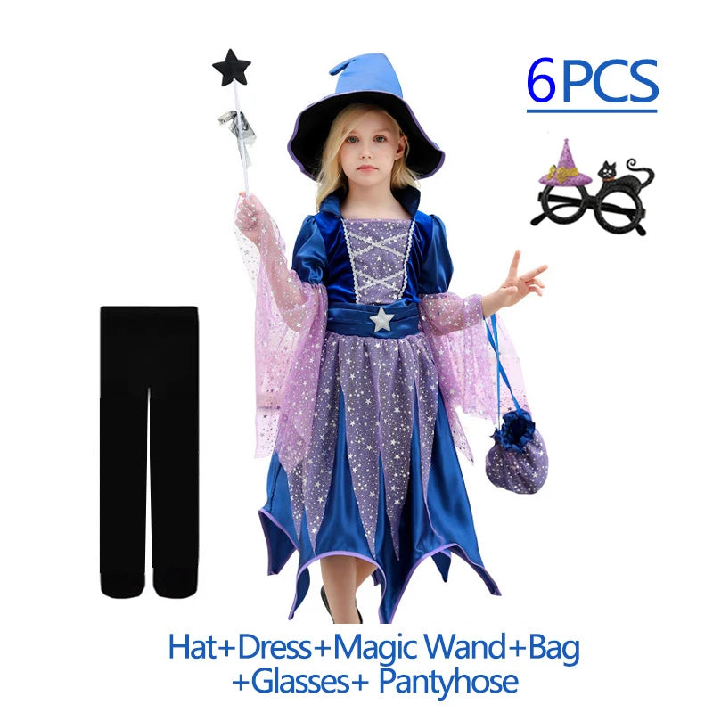 Kids Halloween Witch Costume for Girls Evil Lovely Witch Vestidos Set Dress Hat Magic Wand - Dress 1 / 4T(TAG 120)