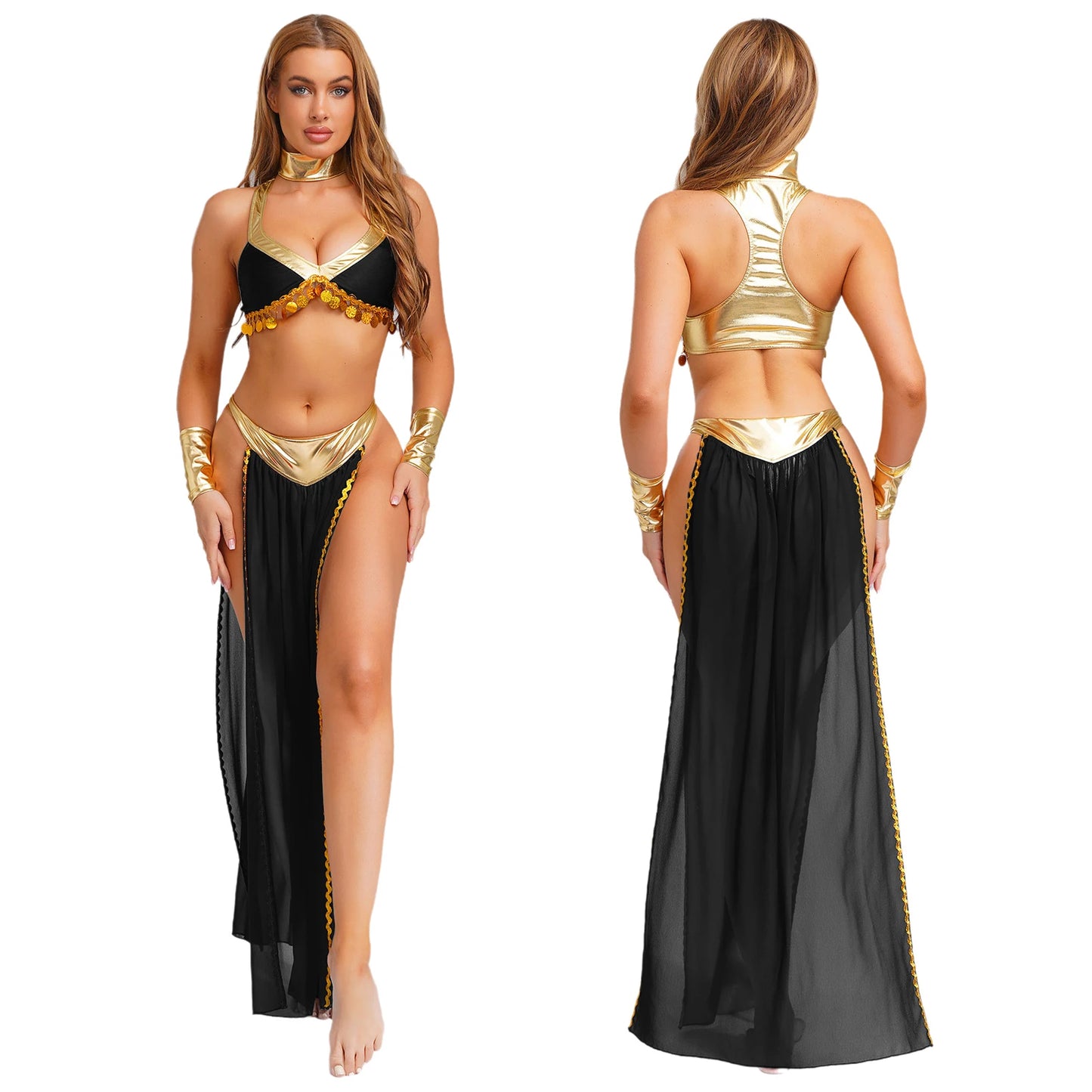 Women Halloween Cleopatra Ancient Egyptian Queen Sun Goddesses Cosplay Costume Crop Top with Skirt Belly Indian Dance Outfit