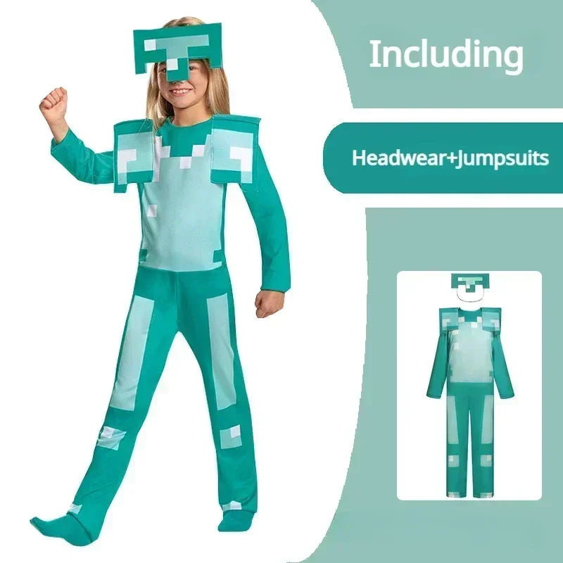 Kids Cosplay Diamond Armor Game Character Steve Cosplay Costumes 3 Pieces Set Blue Outfits Dress Up Set for Halloween Suit