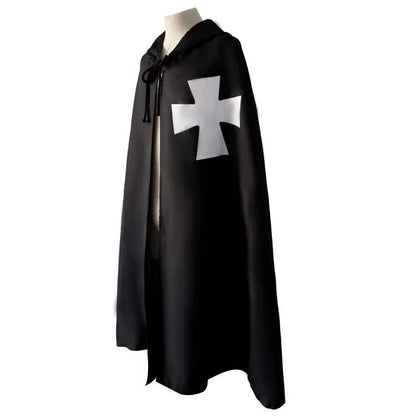 Medieval Crusader Costume Templar Cape Cloak with Hood Men's Renaissance Robe Knight Larp - black / XXL