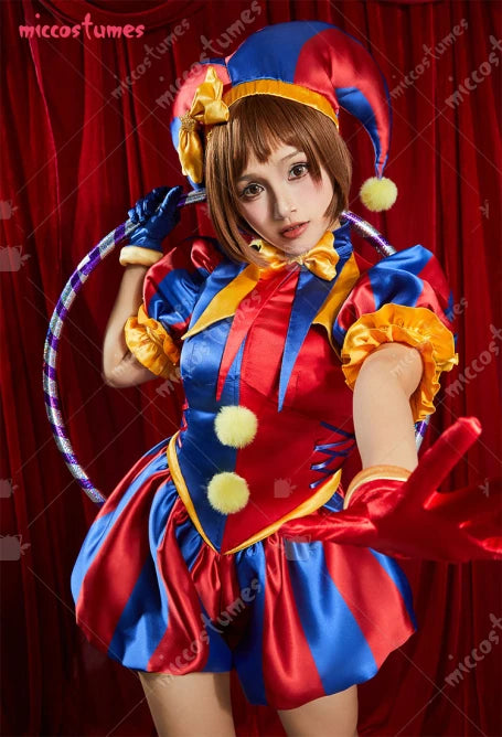 Miccostumes Women Clown Costume Jester Costume Blue Red Jumpsuit and Hat with Gloves and - MULTI / XL
