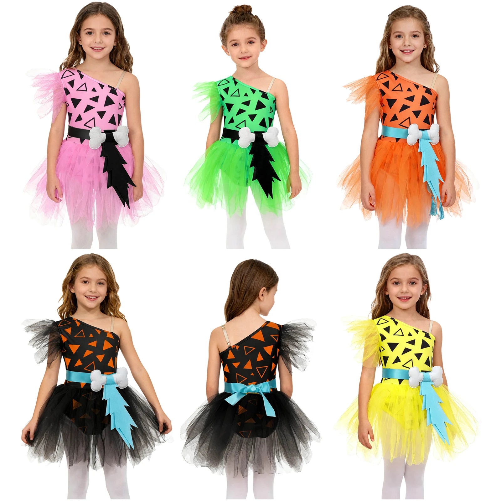 Kids Girls Halloween Theme Party Caveman Flintstone Primitive Man Cosplay Costume 3D Bone Decor Mesh Tutu - product image 3
