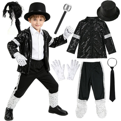 Kids Boys Michael Jackson Inspired Costume Set with Full Accessories for Dance Performance and Halloween Party
