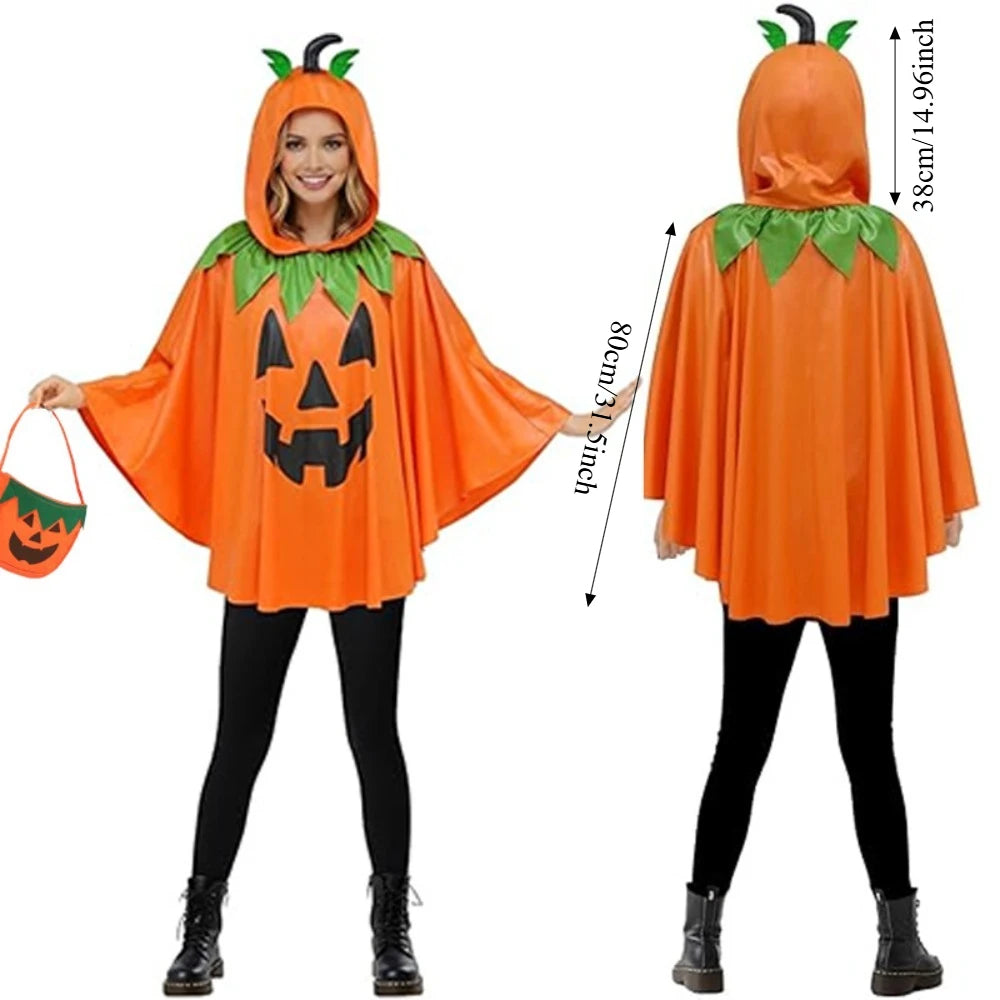 Adults Horn Hooded Pumpkin Cape Cloak with Trick or Treat Candy Bag Costume
