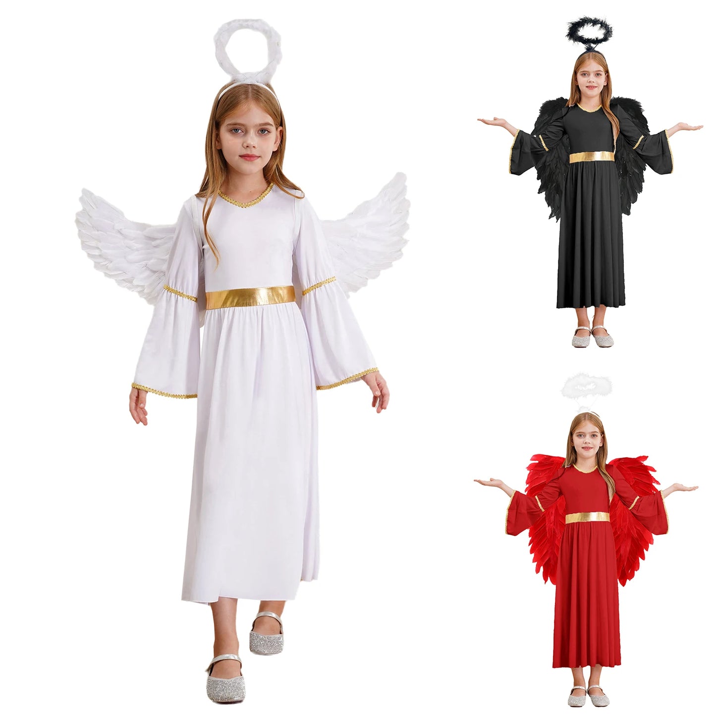 Girls Angel Costume Halloween Greek Goddesses Theme Dress Up Gold Trim Gown Dress Hairband - Red White / 10