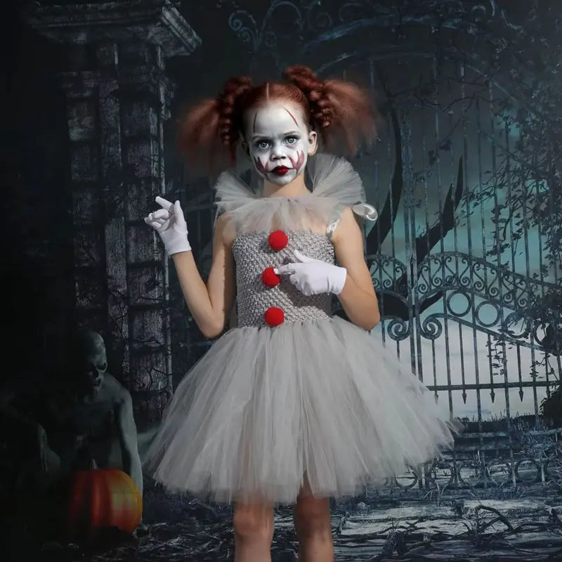 Girls Gray Creepy Clown Costume Handmade Mesh Tutu Dress Kids Halloween Carnival Cosplay