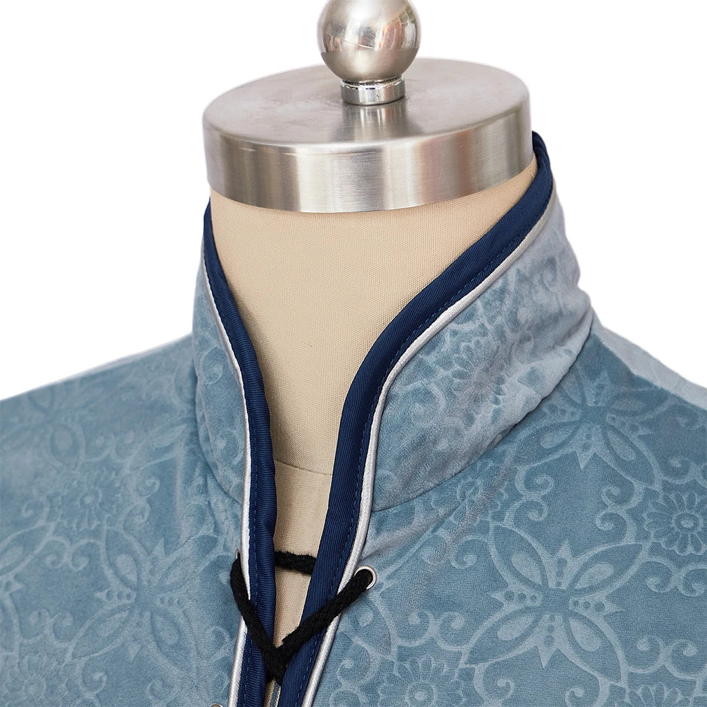 Men's Medieval Renaissance Tudor Elizabethan Vest Colonial Blue Brocade Costume - alternate view 4