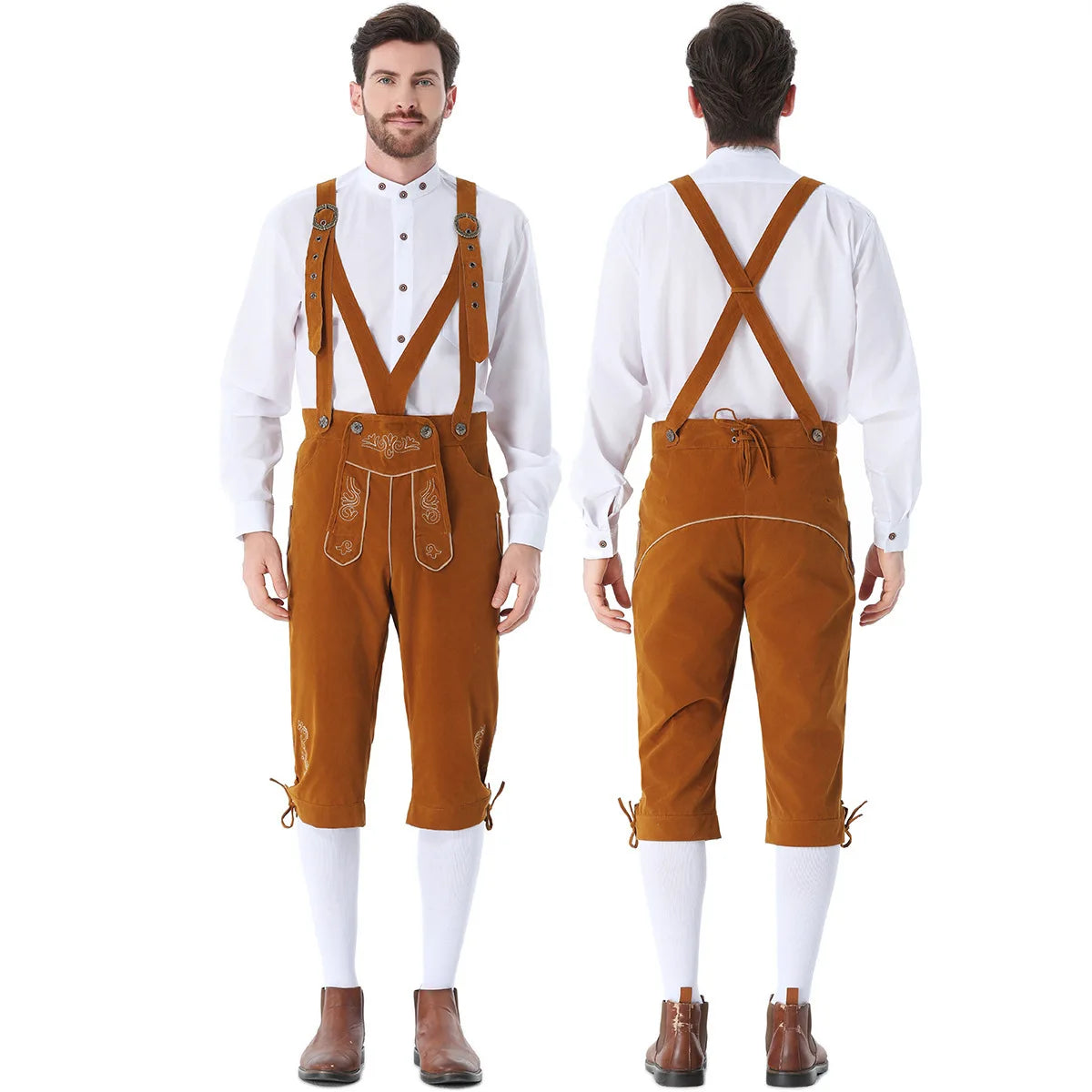 Men's Bavarian German Beer Suspenders Short Sleeve Halloween Costume - brown / XXL