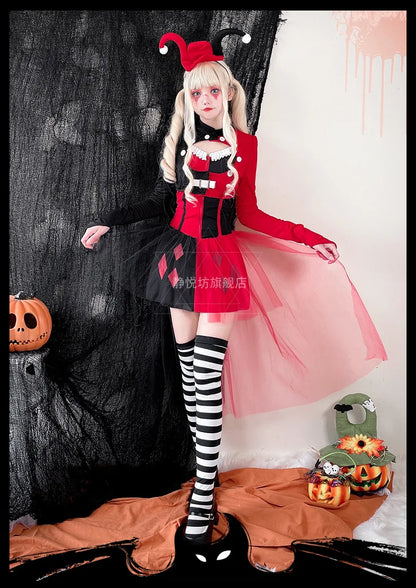 ZAWALAND Costume Clown Dress Costume Women Girls Outfits Halloween Joker Clown Headwear - 2 / L women)