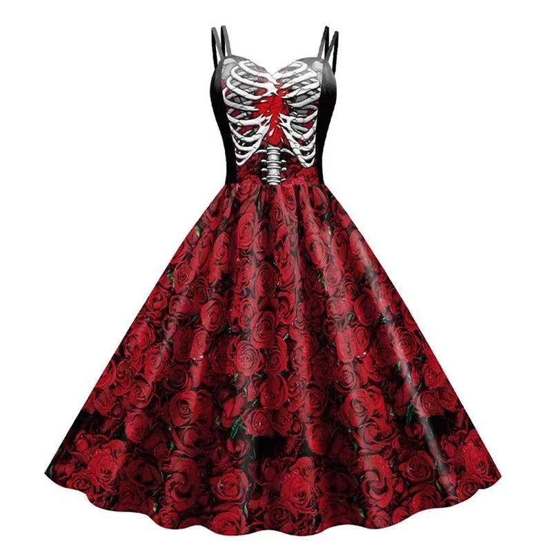 Women's New for Skull Print Halter Dress Sleeveless Tunic Vintage Dresses Costume - alternate view 10
