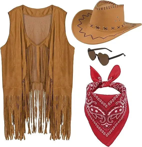 Women Men Cowgirl Costume Western Vest Hat Belt Bandana Set for Cowboy Tassels