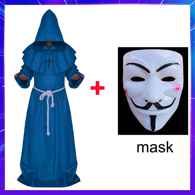 Halloween Wizard Costume Medieval Monk Hooded Robe Costume Mask Hat for Men Steampunk - C5 / Halloween cosplay