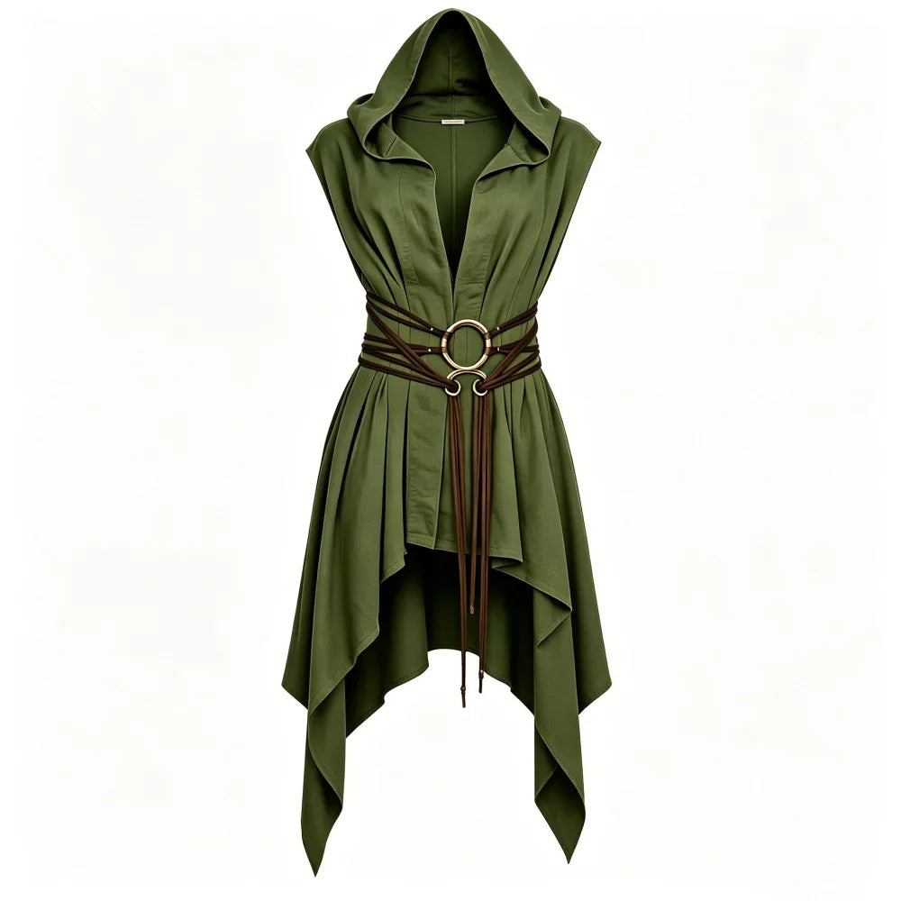 Women Irregular Hem Renaissance Elf Tunic Robe Medieval Ranger Hooded Sleeveless