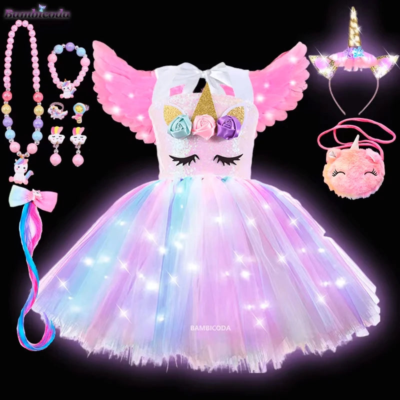 Girls Shiny Unicorn Tutu Led Lighting Dress Glowing Dresses Princess Dress Clothing