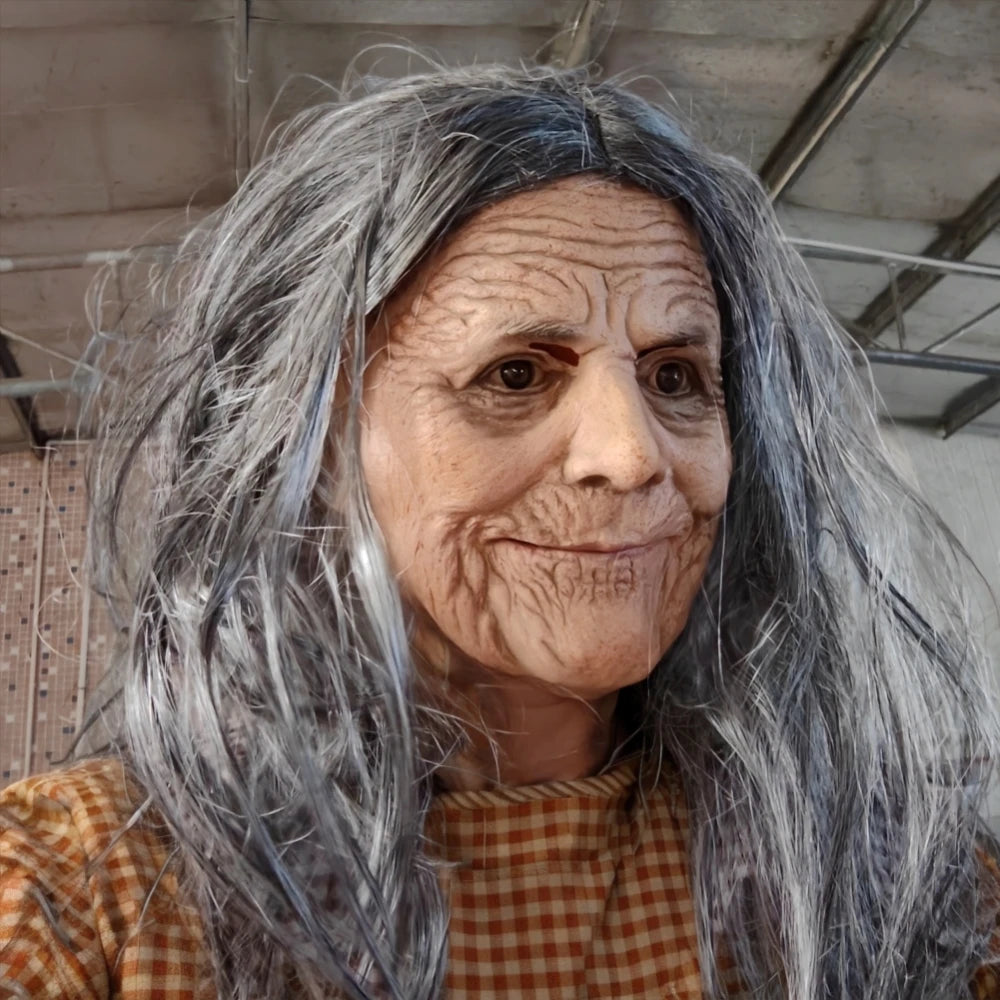 Realistic Granny Old Woman Latex Mask Moving Mouth Soft Rubber Grandma Masque with Grey Hairfor Halloween