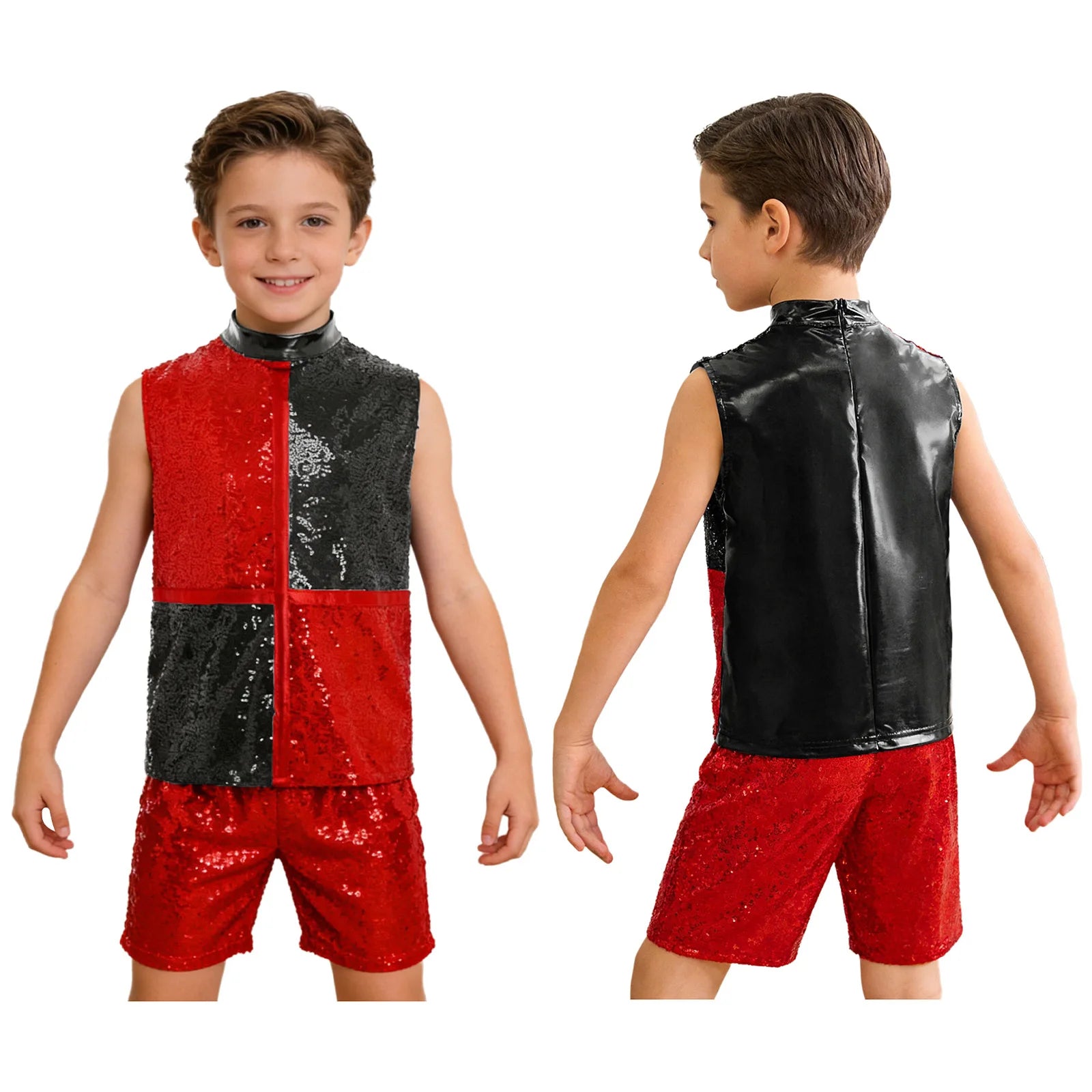 Kids Boys Hip Hop Dance Outfit Sequins Dance Top and Shorts Set Halloween Clown Costume - Silver / 10