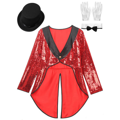 Women's Magician Costume Set Halloween Costume Sleeve One-Button Patchwork Sequin Tailcoat - Gold / 3XL