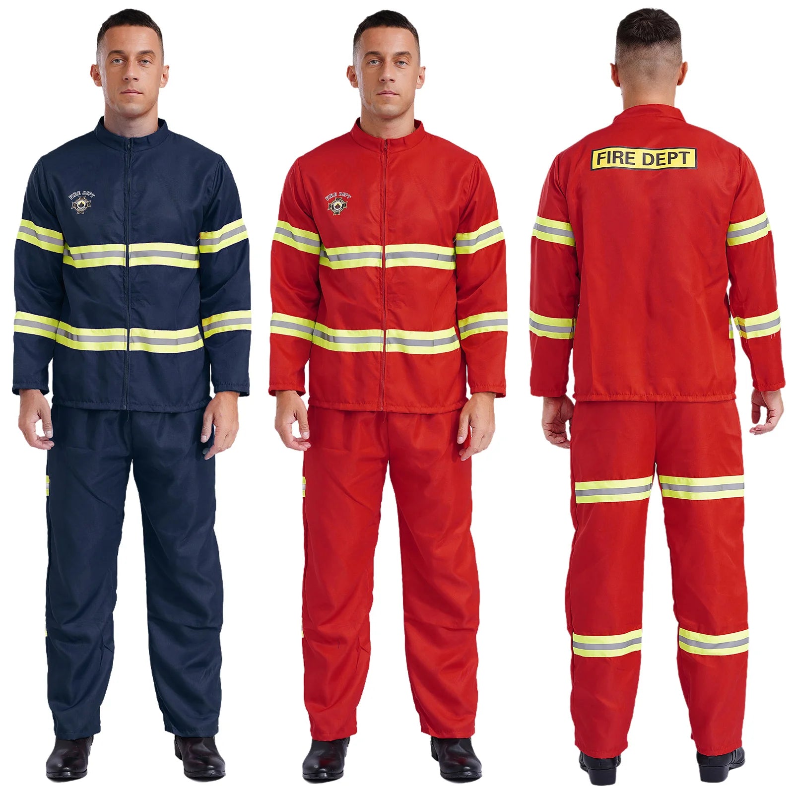 Adults Men's Firefighter Costume Halloween Set Cosplay Fire Captain Work Uniform Outfit - Red / 160