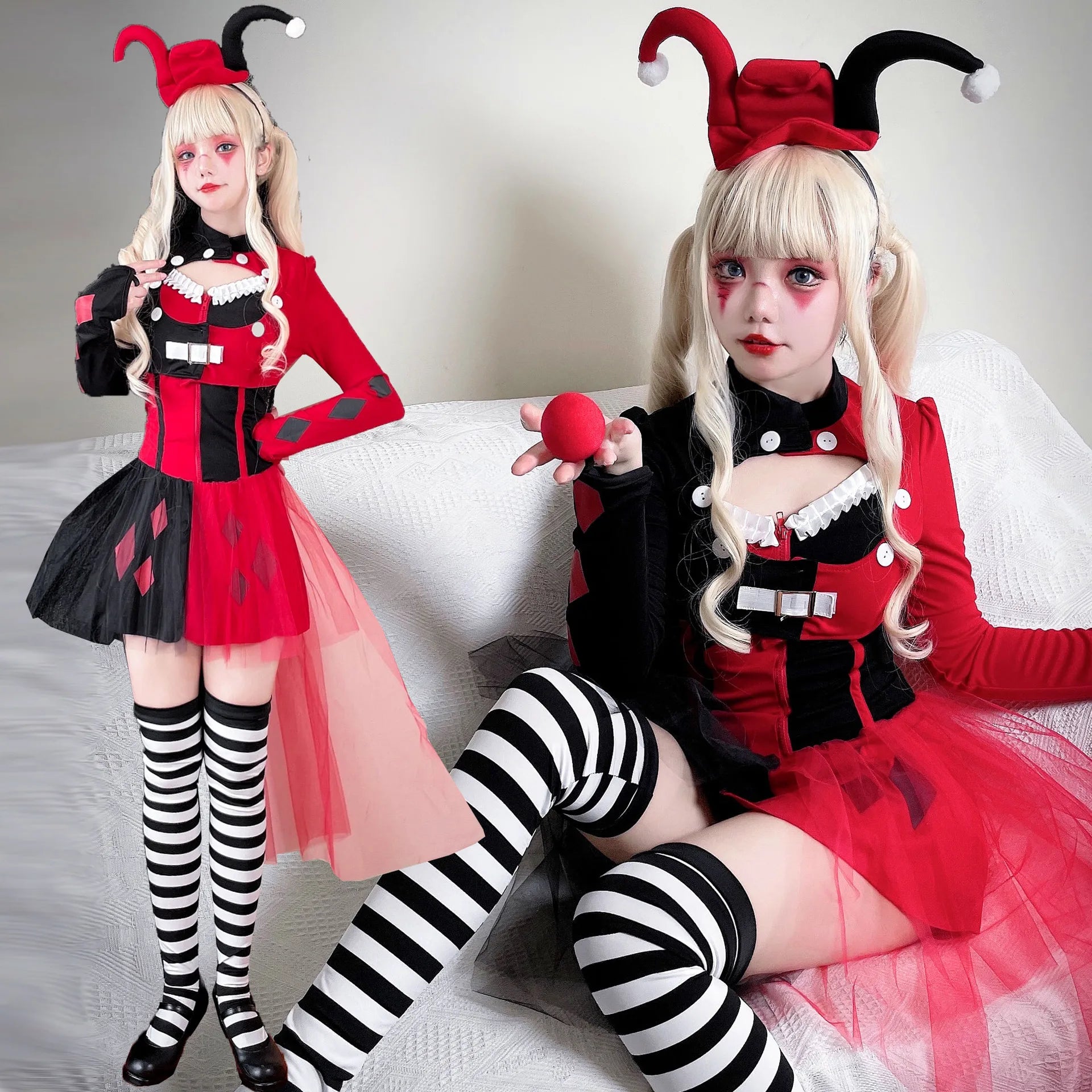 ZAWALAND Costume Clown Dress Costume Women Girls Outfits Halloween Joker Clown Headwear - 2 / 130cm (gril)