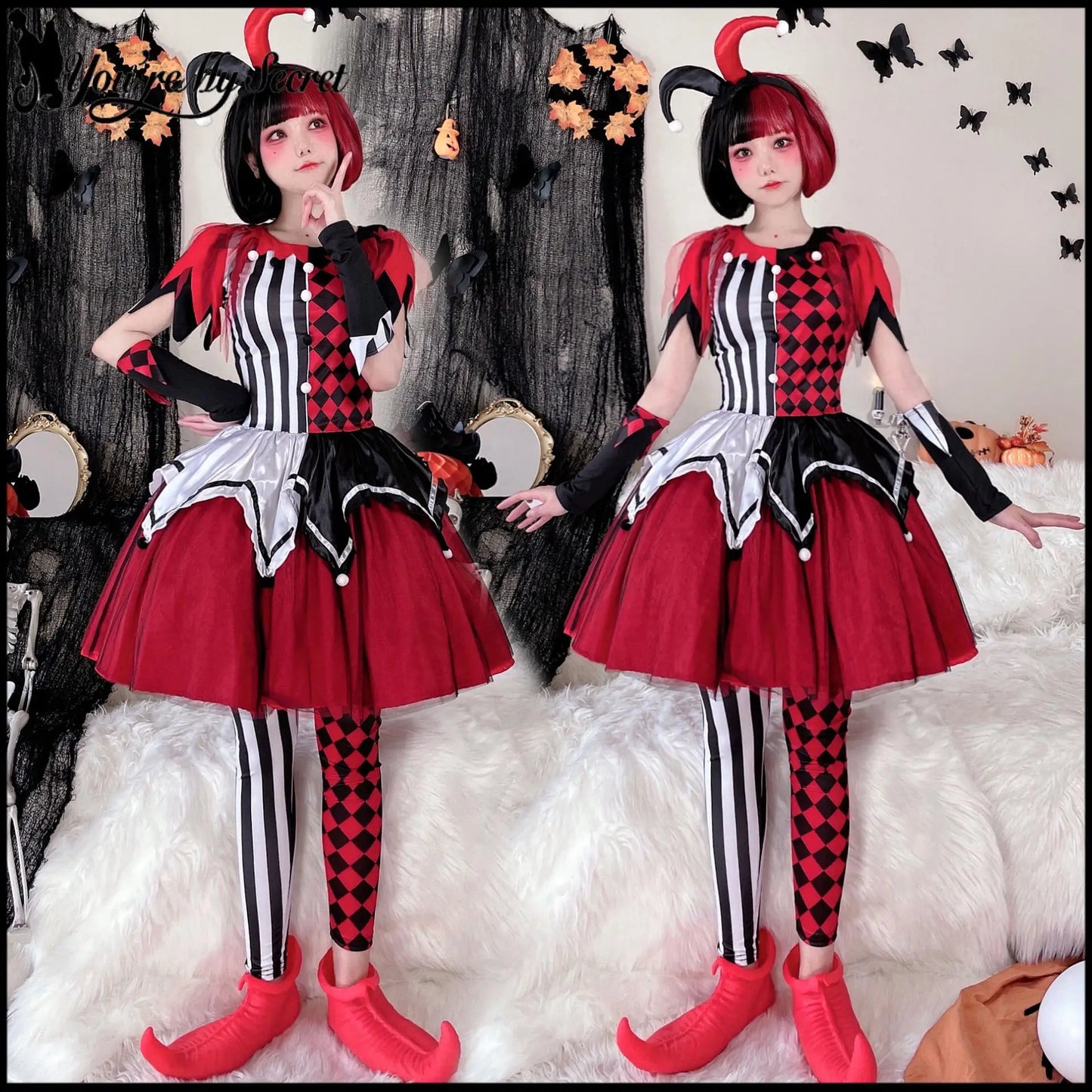Halloween Clown Lolita Suit Women's Clown Costume Patchwork Striped Dress with Headgear - Suit 01 / XL